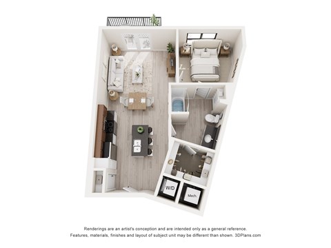 A 3D floor plan of a small apartment with a kitchen, living room, and bathroom.